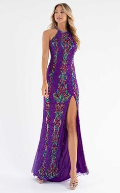 Primavera Couture 3742 Purple Long Sequin Dress, Couture Design, Plastic Dress, Sequin Dresses, Hugging Silhouette, Prom Looks, Sleeveless Long Dress, Big Night, Column Dress