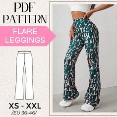 the pattern for flare leggings is shown with an image of a woman's pants