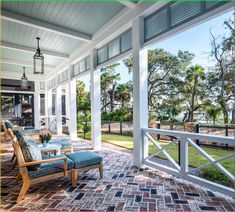 Herringbone Brick Floor, Porch Rails, Groove Ceiling, Stone Fireplace Wall, Brick Porch, Haint Blue, Brick Columns, Brick Steps, Tongue And Groove Ceiling