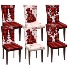 four christmas themed chairs with reindeer and snowflakes on them, all in different styles