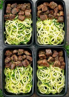 four black trays filled with meat and zucchini noodles