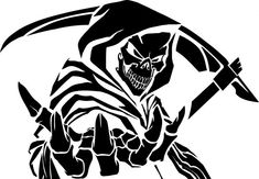 a black and white drawing of a skeleton holding a scyther with two hands