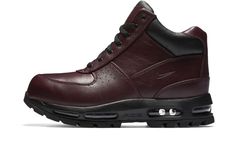 The Nike Air Max Goadome has all the benefits of a winterized boot, but also the comfort of the Nike Air Max cushioning system.  Built for tough terrain and bad weather, this silhouette features a waterproof, full-grain leather in burgundy.  Black provides subtle detailing on the collar, laces, and sole.  Proving the sneaker boot can battle the elements, its durable sole comes equipped with a lug tread pattern for traction and durability.  Adding comfort to the Nike Air Max Goadome sneakerboot i Nike Acg Boots, Summer Swag Outfits, Buy Nike Shoes, Nike Air Max Jordan, Burgundy Boots, Nike Boots, Mens Boots Casual, Burgundy Shoes, Stadium Goods