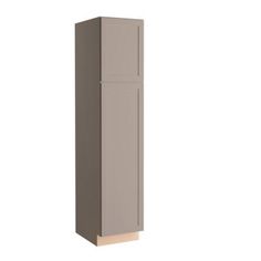 a tall gray cabinet with two doors on the front and one door in the back