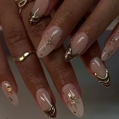 0A0263 Almond Gold Chrome French Tip 3d Design Nail Glue Included Abstract , Custom Stars and Gems - Etsy Kutek Disney, Unghie Sfumate, Manikur Kuku, Milky Nails, Nagel Inspo, Prom Nails, Fire Nails, Funky Nails, Pretty Acrylic Nails