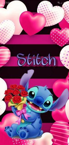 stitch with hearts and flowers in the background