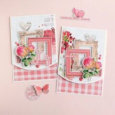 two cards with pink and white flowers on them, one has an ornate photo frame