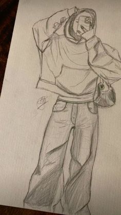 a pencil drawing of a man holding a bag and looking at his cell phone while standing in front of him