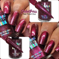 Seductress Nail Polish Duo. Our Valentines inspired nail polish duo contains Temptation & Forbidden. Temptation is a deep berry-wine shimmer Forbidden is a berry-wine with scattered holographic sparkle Our Nail Polish is a large 15ml bottle and is Cruelty Free and 5 Free Our Nail Polish is a large 15ml bottle and is Cruelty Free and 21 Free.  What is 21-free? Many nail polishes found in stores may contain toxins. Our 21 Free Nail Polishes avoids these  ingredients: no animal products, toluene, b Bottle Picture, Animal Products, Us Nails, May 21, Nail Polishes, Top Coat, Makeup Cosmetics, Gel Polish, Cruelty Free