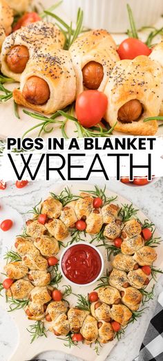 pigs in a blanket wreath made out of bread, tomatoes and herbs with text overlay that reads pigs in a blanket wreath