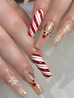 Get Glamorous With 24pcs Extra-long Ballet-style Christmas Themed Manicure Set With Reindeers, Rhinestones, Red & White Stripes, Snowflakes And Also Including Jelly And Nail File, Ideal For Parties, Dance, Daily Wear | SHEIN USA Fake Nails Long, Nail Type, Coffin Press On Nails, Christmas Nail Designs, Christmas Nail Art, False Nail, Artificial Nails