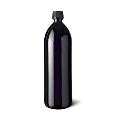 a black glass bottle is shown on a white background