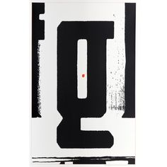 a black and white painting with the letter q in red on it's center