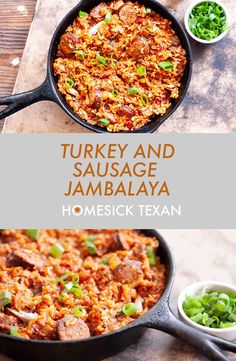 turkey and sausage jambaalaya in a cast iron skillet