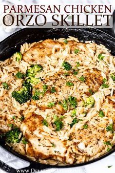 a skillet filled with parmesan chicken and broccoli