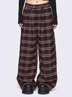 Upgrade your wardrobe with our Plaid Wide Leg Baggy Pants in burgundy. These vintage-inspired check trousers capture the essence of grandpa core style, offering a retro look. Shop now at Minga London! Overalls And Boots, Grandpa Aesthetic, Baggy Pants Outfit, Class Dismissed, Minga London, Grandpa Core, Check Pants, Check Skirt, Ootd Outfits