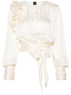 white crinkled finish front button fastening keyhole neck gathered detailing ruffled detailing long puff sleeves buttoned cuffs ruched detailing rear tie detaiing Champagne Blouse, Theatrical Romantic, Keyhole Neck, Soft Autumn, Versace Outfit, Wardrobe Edit, Yoko London, City Dress, Airport Fashion