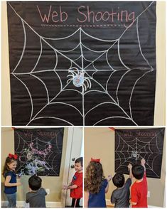 children are standing in front of a blackboard with web shooting written on it and spider web