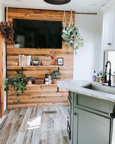 a kitchen with wood paneling and plants on the wall