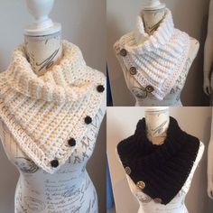 three different types of knitted scarves on mannequins, one in white and the other in black