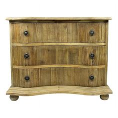 a wooden dresser with three drawers and two knobs on the bottom drawer, against a white background