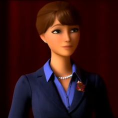 a barbie doll wearing a blue shirt and pearls on her necklace, standing in front of a red curtain