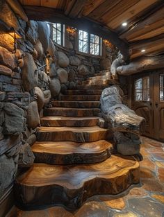 a stone and wood staircase in a home