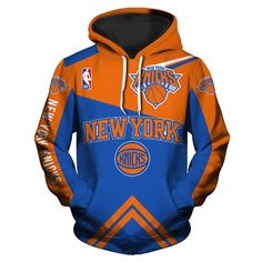 an orange and blue hoodie with the new york basketball team on it's chest