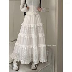 Ruffle Long Skirt, Rok Midi, White Long Skirt, Hallowen Costume, Mori Girl Fashion, A Line Maxi Dress, Studio Color, Long Dress Design, Skirt Y2k