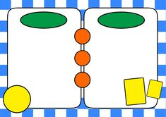 a blue and white checkered table cloth with two circles, one orange and one green