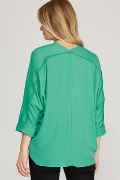 Introducing the stunning Megan top GREEN - the perfect addition to your wardrobe! Embrace effortless style with this 3/4 sleeve V neck woven top. Upgrade your everyday look with this versatile piece. 100% Polyester woven top Chic Green Tops For Day Out, Casual Rayon Tops With 3/4 Sleeves, Green Half-sleeve Blouse For Spring, Casual Green Half Sleeve Blouse, Green Half Sleeve Blouse For Spring, Versatile V-neck Top For Spring, Green Half Sleeve Tops For Fall, Casual V-neck Viscose Top For Spring, Casual Viscose V-neck Top For Spring