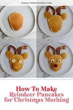 four pictures of rudolph reindeer pancakes on plates