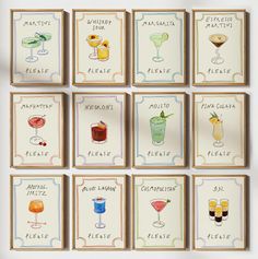 six different types of cocktails are shown in this set of eight cards with the names of each beverage