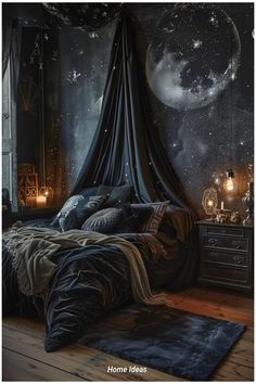 a bedroom with a canopy bed and stars on the wall, in front of a window