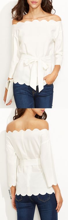 Be elegant & feminine! Love chic scallop trim, pretty big bow tie, and love pure white! Love the elegant blouse from shein.com! Friday Drinks, Scallop Top, Off The Shoulder Tops, Casual Chique, Elegant Feminine, Scallop Trim, Couture Mode, Shoulder Tops, Elegant Blouses