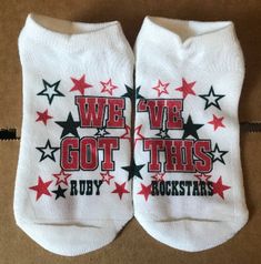 We've Got This - Team Name in any colors These are no show socks. Socks are 98% polyester and 2% spandex. Ankle socks and crew socks also available. Contact me for discounts on team orders. Cheer Socks, Dance Socks, Competitive Cheer, Cheer Gifts, Mesa Az, Team Name, No Show Socks, Team Names, Ankle Socks