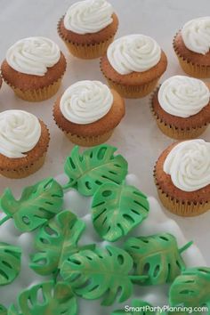 cupcakes with white frosting and green leaves on a plate next to them