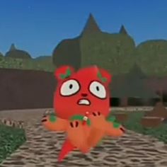 an animated image of a red bear holding carrots in his hands and looking at the camera