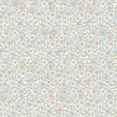 a white and blue floral wallpaper with small flowers on the bottom half of it