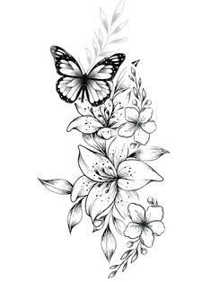 a black and white drawing of flowers with a butterfly on top