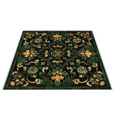 a green rug with gold flowers and leaves on the center, in an ornate pattern