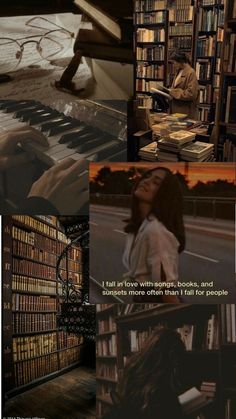 a collage of photos with books and people in the background, including an image of a woman sitting at a piano