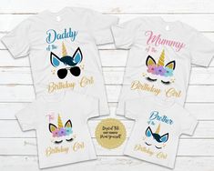 three t - shirts with unicorns on them and the words, mommy of the birthday girl