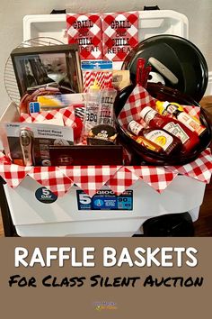 a basket filled with food sitting on top of a table next to a white box