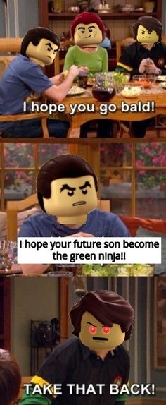 two people sitting at a table with legos in front of them and the caption that says, i hope you go bald