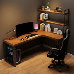 a corner desk with a computer monitor, keyboard and bookshelf next to it