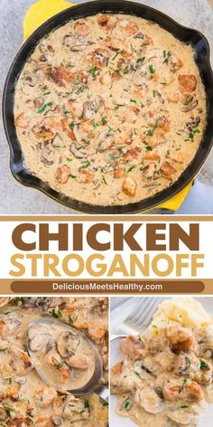 chicken stroganonoff in a skillet with mushrooms and gravy