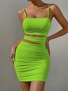 Women's Neon Green Cut-Out Pleated Cami Dress With Waist Cut-Out Details Green Sexy  Sleeveless Knitted Fabric Plain Cami High Stretch  Women Clothing, size features are:Bust: ,Length: ,Sleeve Length: