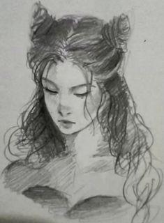 a pencil drawing of a woman with her eyes closed and hair blowing in the wind