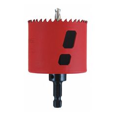 a red and black drill head with holes in the middle, on a white background